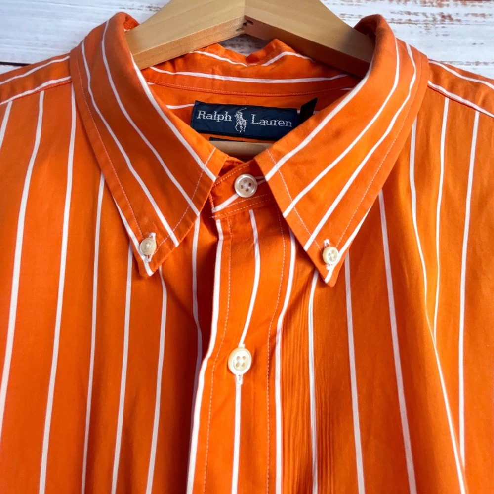 Ralph Lauren 3XB Big Preppy Button Down Shirt Orange White Cotton Green Pony - Picture 10 of 11